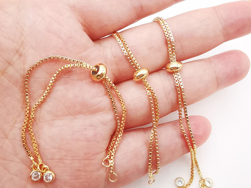 5PCS Adjustable Bracelet Making Chain For Making, 18K Gold Plated Half Finished Slide Box Chain with Rubber Stopper Beads 1.2mm Flat, S992