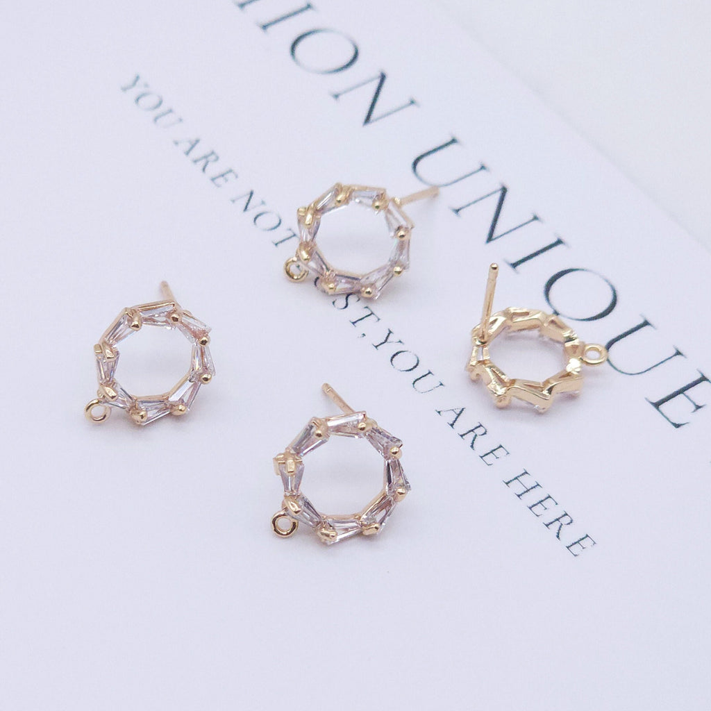 4PCS Circle Ear Post with Loops, S925 Silver Ear Pin Nickel Free, Micro CZ Pave, 10mm, 18K Gold Plated Circle Stud Earring Finding ZX038