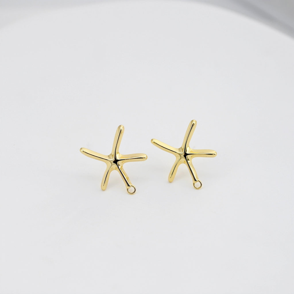 18K Gold Starfish Earring Post, S925 Silver Pin Nickel Free Earrings, Starfish Shape Ear Stud with Loop D0348
