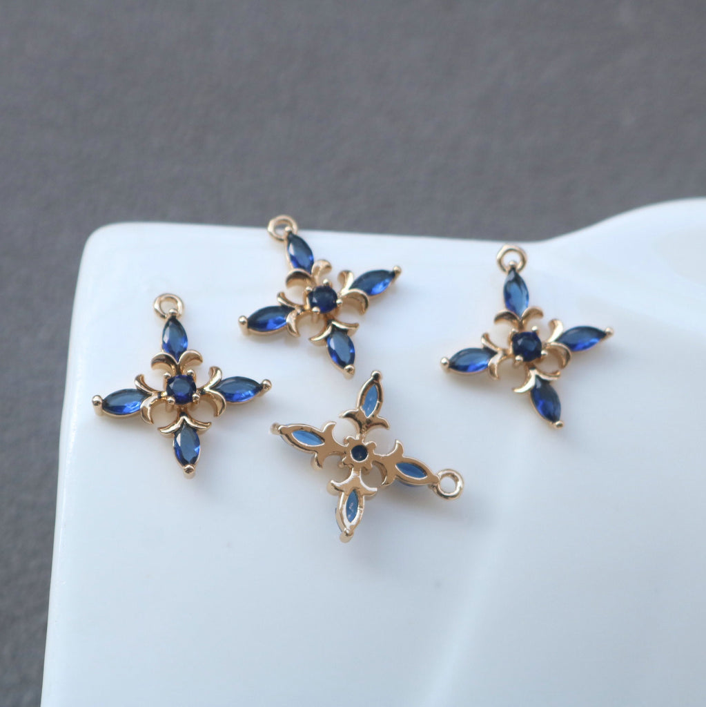 10pcs Cross Flower Charm, Cubic Zircon Crystal Flower Pendant, Real Gold Plated Brass Earring Charms, Jewelry Findings HL089-F116