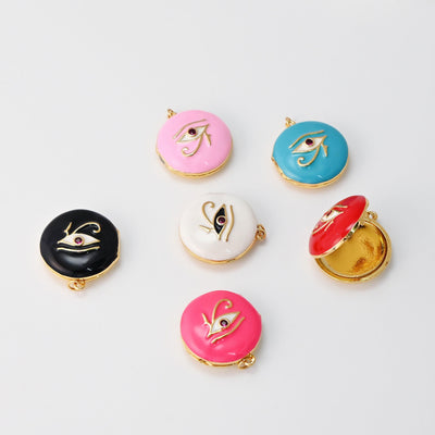 Locket Charm, Enamel Evil Eye, 18K Gold Plated Round Pendant, 25mm, Necklace Making Charm, Jewelry Findings S20295