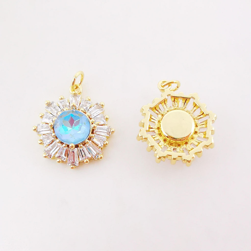 Sun Flower Charm, Multicolor Glass, 18K Gold Plated Cubic Pave Charm, Flower Pendant, Necklace Earring Making Charm, Jewelry Findings S1004
