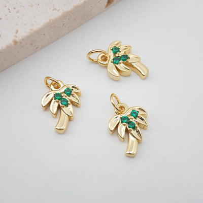 Tree Charms, Coconut, 18K Gold Plated Green Cubic Pave Charms, Fruit Plants Pendant, Necklace Charms S891