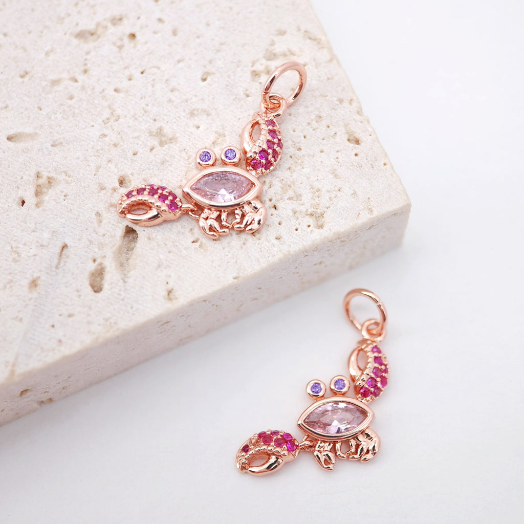 Red Cubic Crab Charms, 18K Gold Plated Micro CZ Pave Charms, 16x13mm, Summer Beach Pendant,  Earring Charms, Jewelry Findings S159
