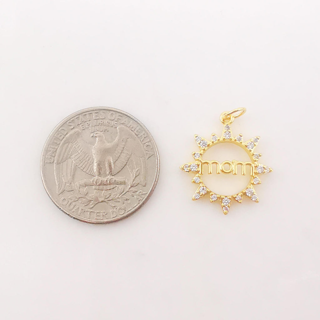 Gold Sun Mom Pendant, Sun Mom Pave Charm, 18K Gold Plated Brass, 19mm, Necklace Making Charm, Jewelry Findings S374