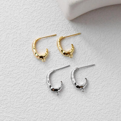 Hammered C Shape Earrings Post With Loop, S925 Silver Ear Pin Nickel Free Earrings, Ear Stud Loop, Hypoallergenic Earring Findings D0420
