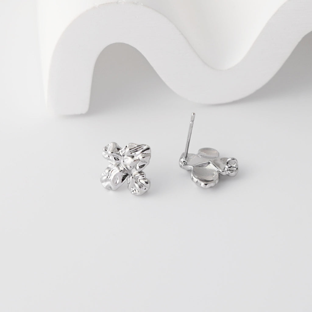 Pleated Flower Earrings Post With Loop, 18K Gold Plated, Nickel Free, S925 Silver Pin, Ear Stud Hypoallergenic Earring Findings D0447
