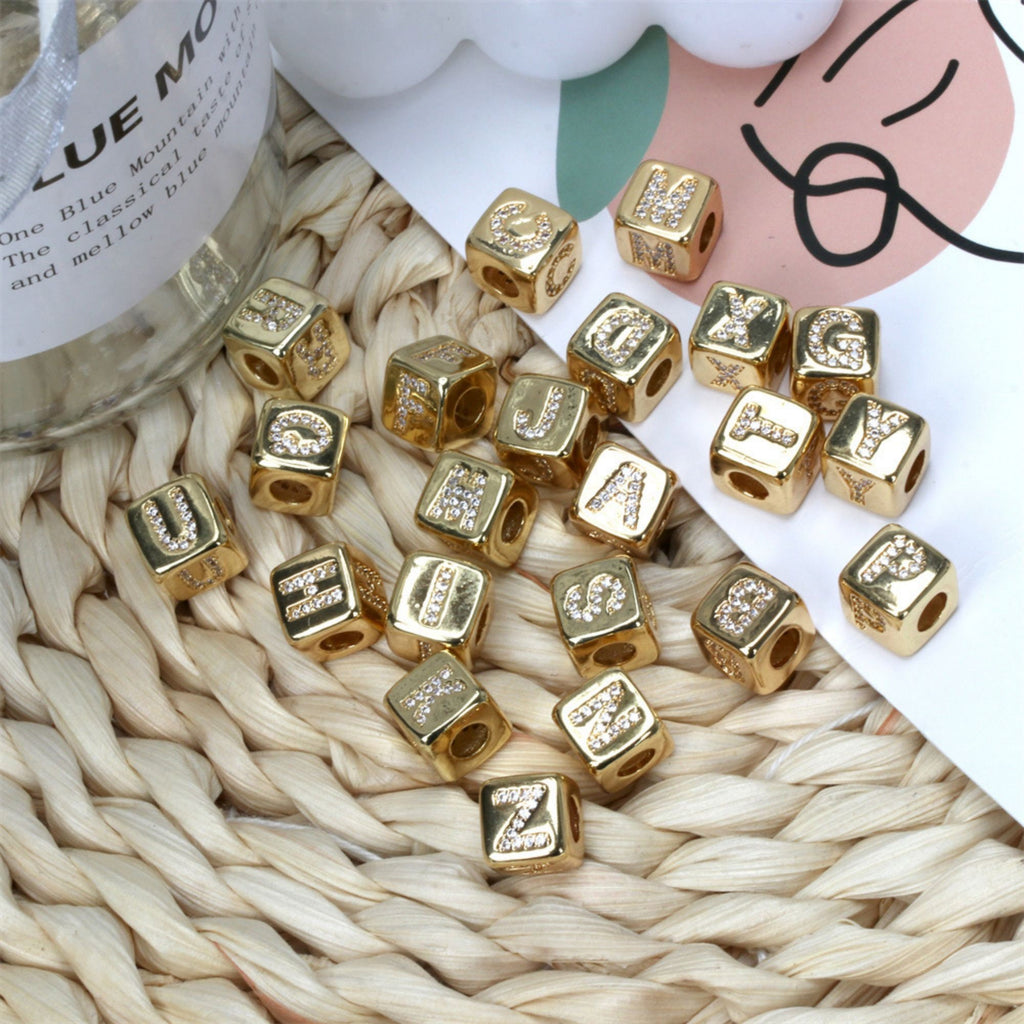 18K Shiny Gold Cube Alphabet Beads, Initial Square Beads, Micro CZ Pave, 9x9mm, Big Hole Letter Beads for Necklace Bracelet Making S909