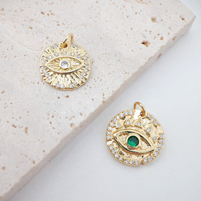 Cubic Evil Eye Charm, 18K Gold Plated Micro CZ Pave Round Pendant, 15mm, Necklace Making Charm, Jewelry Findings S129