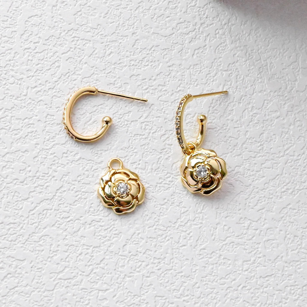 Flower Charm, Cubic Zircon Crystal Flower Pendant, CZ Earring Charms,  Real Gold Plated Brass Earring Charms, Jewelry Findings D0371