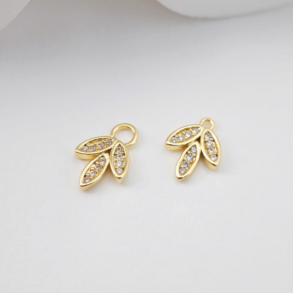 CZ Pave Leaf Charm, Cubic Zircon Crystal Leaf Pendant, CZ Earring Charms,  Real Gold Plated  Earring Charms, Jewelry Findings D0209