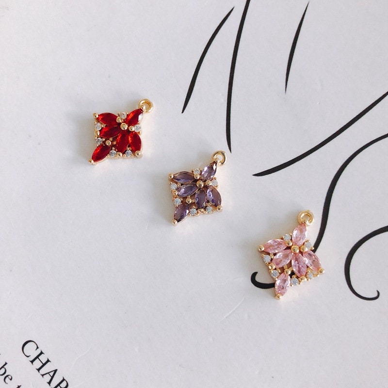 10 قطع من دلايات الزهور مع حلقات، قلادة بوهو، قلادة مكعبة مرصعة بالأحجار الكريمة، صناعة قلادة سوار، نتائج مجوهرات مطلية بالذهب MY063-F060