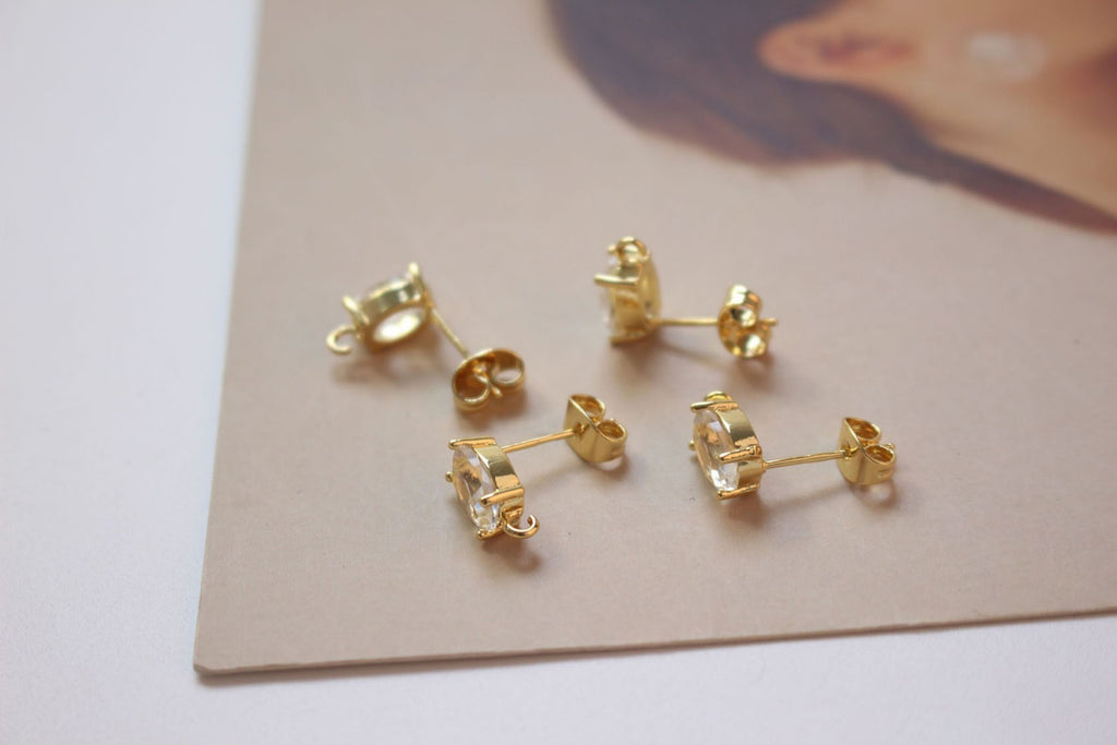 Rectangle Ear Post with Loops, Nickel Free, Micro CZ Pave, 18K Gold Plated Stud Earring Finding BB031-F237