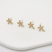 Load image into Gallery viewer, 4PCS Flower Earring Post, Real Gold Plated Brass Stud Earring With Loop, S925 Silver Ear Pin, CZ Pave Ear Post, Earring Finding ZX044
