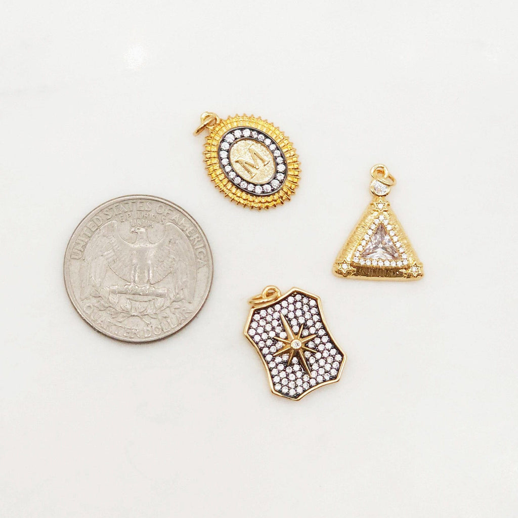 Shield, Oval, Triangle Shape Pendant, 18K Gold Plated, CZ Pave, Necklace Making Charm, Jewelry Findings S20392