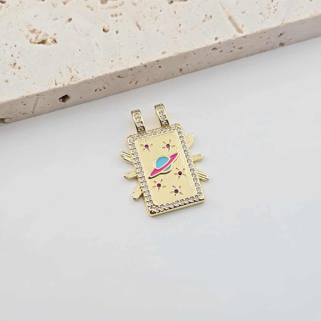 Rectangular Cubic Charm, 18K Gold Plated CZ Pave Pendant, Star and Moon, Planet Pendant, Necklace Making Charm, Jewelry Findings S1289