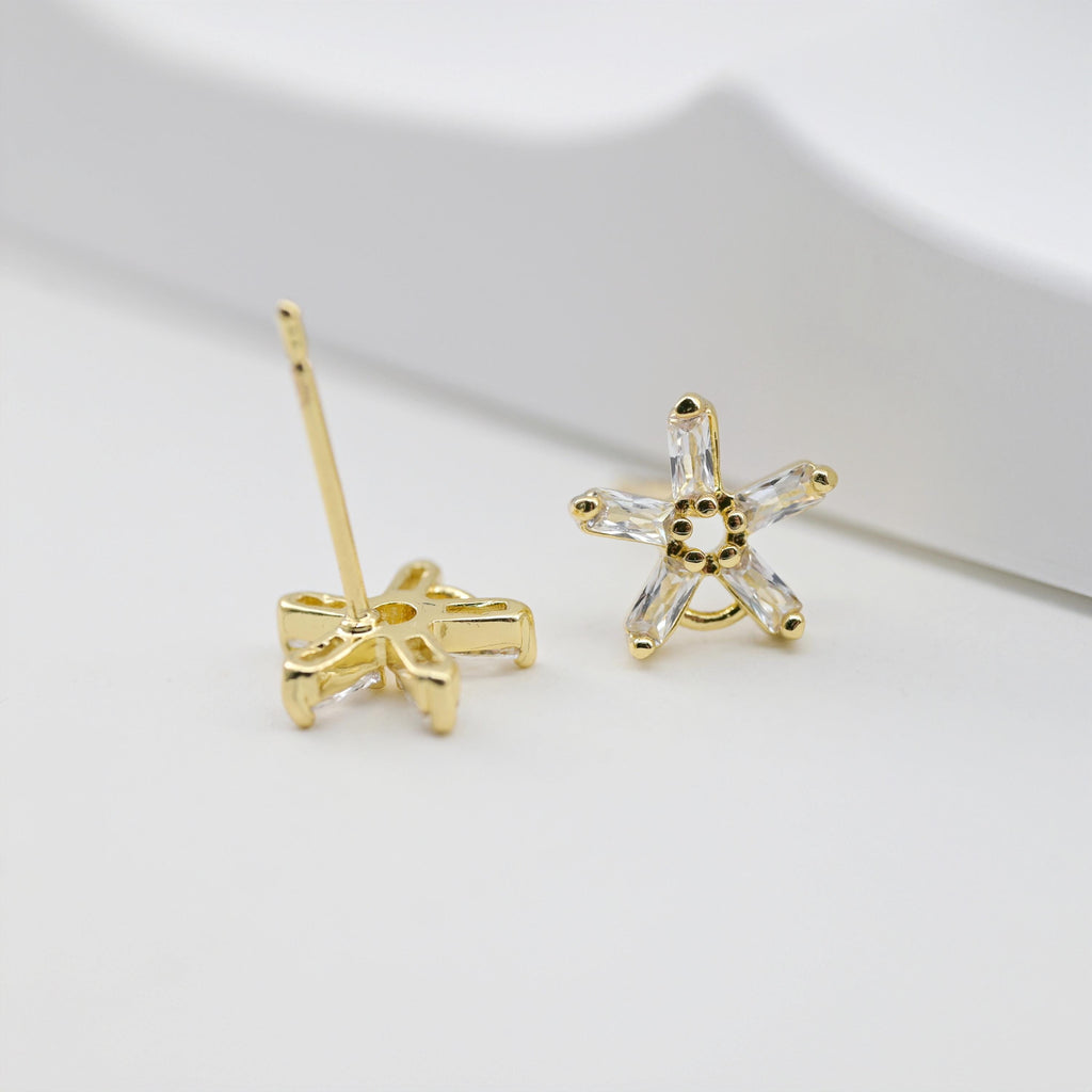 18K Gold Post, Flower CZ Pave, 9*9.3mm, Stud Earring Nickel Free, Hypoallergenic Earring Findings D0242