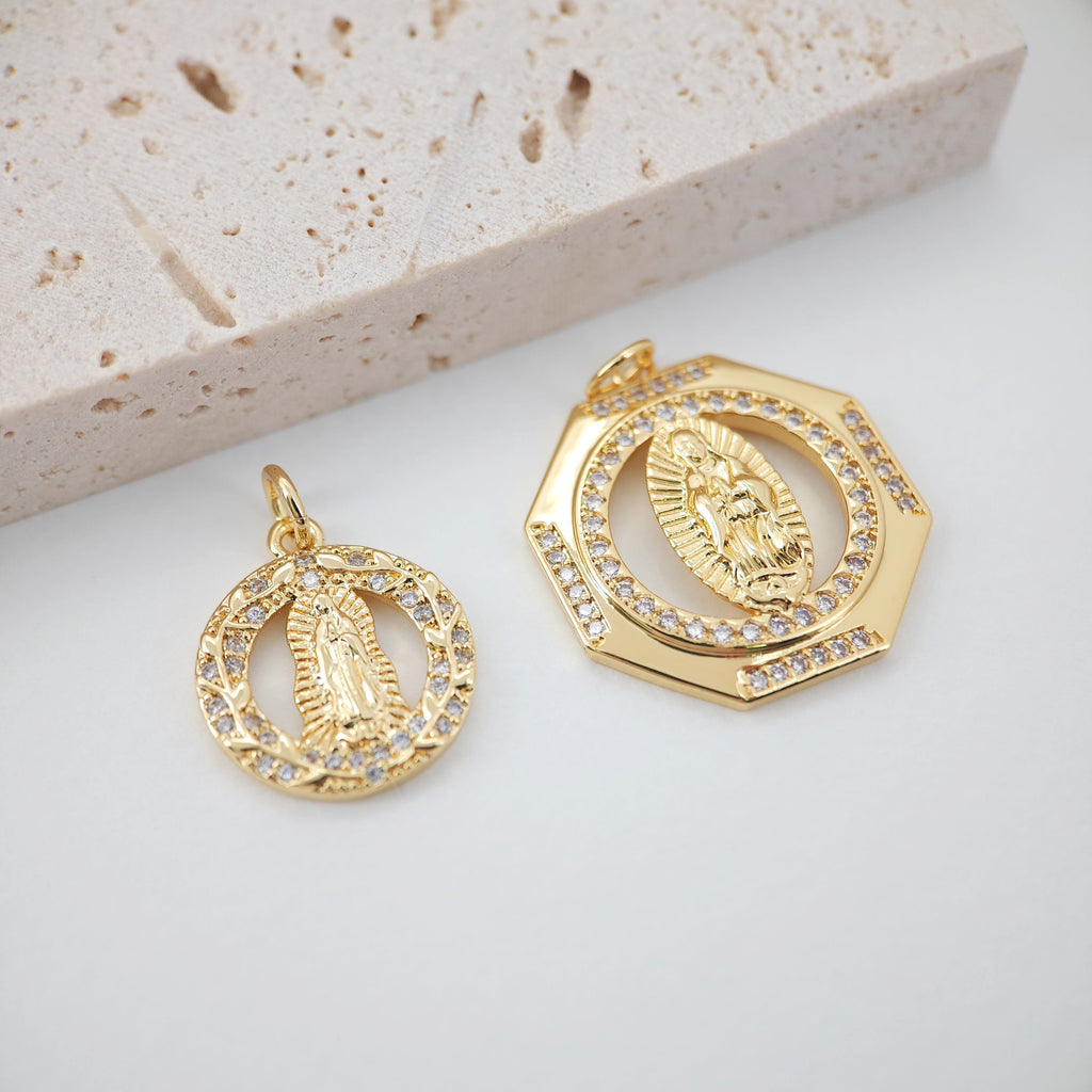 Cubic Saint Maria Charm, Religious Pendant, 18K Gold Plated Micro CZ Pave Our Lady Pendant, Vintage Necklace Making Charm S853