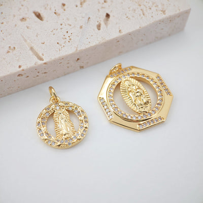 Cubic Saint Maria Charm, Religious Pendant, 18K Gold Plated Micro CZ Pave Our Lady Pendant, Vintage Necklace Making Charm S853