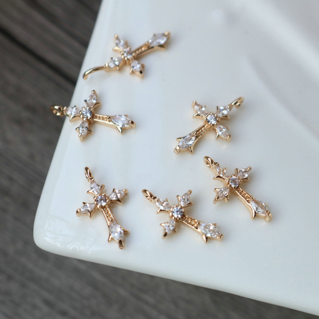 10pcs Cross Charm, Cubic Zircon Crystal Pendant, Real Gold Plated Brass Earring Charms, Jewelry Findings HL106-F102