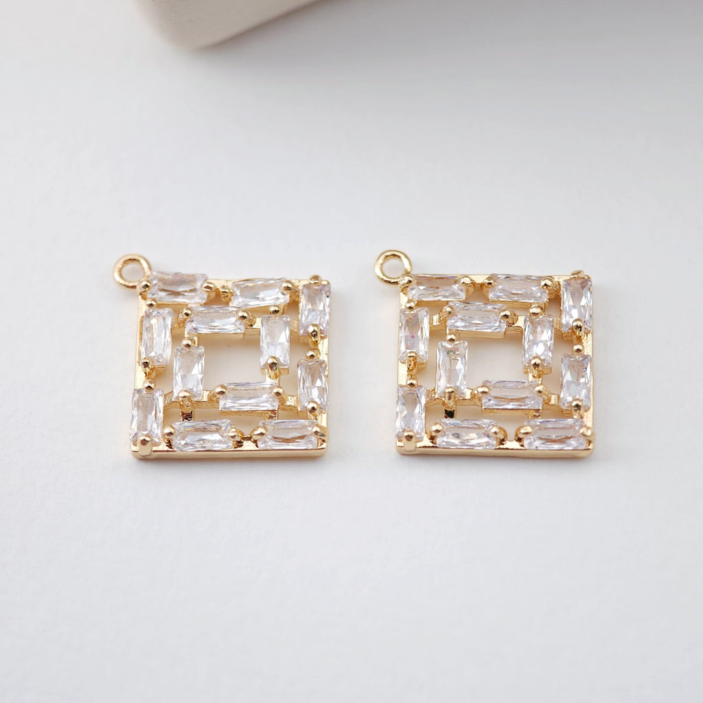 CZ Pave Rhombic Charm, Cubic Pendant, Real Gold Plated Brass Earring Charms, Jewelry Findings D0059