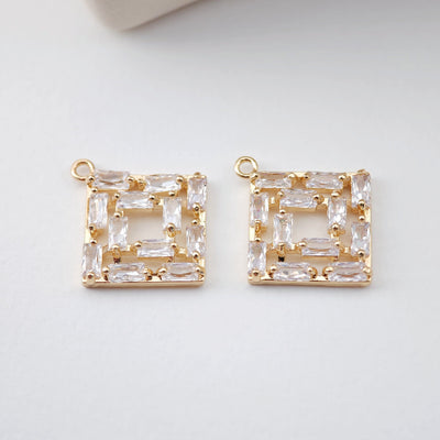 CZ Pave Rhombic Charm, Cubic Pendant, Real Gold Plated Brass Earring Charms, Jewelry Findings D0059