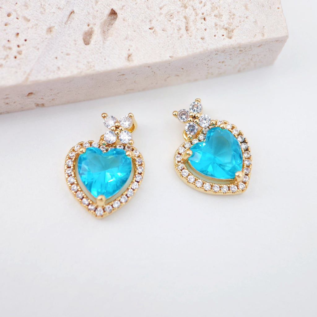 Heart Charms, Marine Blue CZ Pave, Crystal Heart, 18K Gold Plated Pendant, Bracelet Necklace Making Pendants, Jewelry Findings S20356