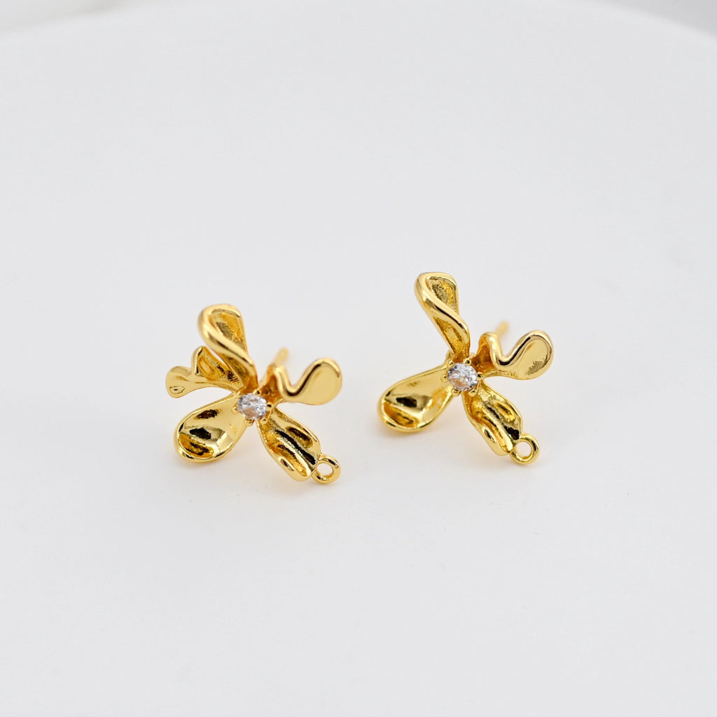 Flower Earring Post, 18K Real Gold Plated Brass Stud Earring With Loop, S925 Silver Pin, CZ Pave, Nickel Free, Earring Finding D0490