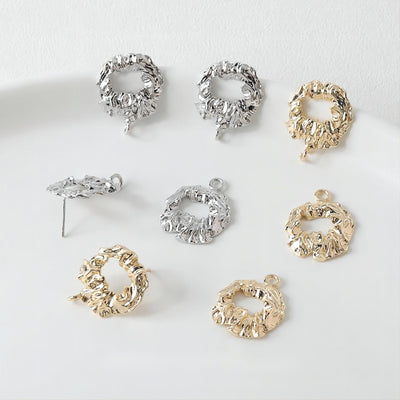 Irregular Pleated Openwork Post with Loop, Gold/Silver, S925 Silver Pin Nickel Free Earrings, Hypoallergenic Earring Findings GE064