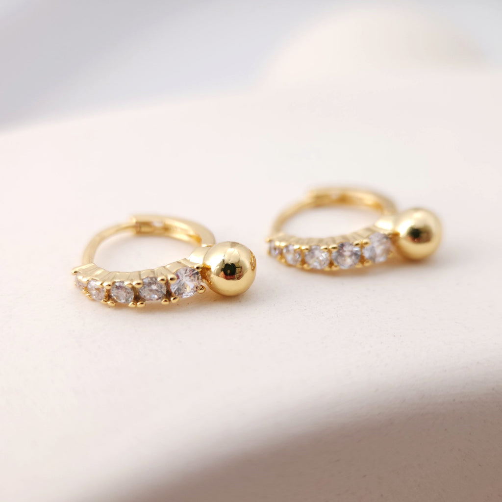 Cubic Ear Hoops with Round Ball, Pave CZ, 16mm, 18K Gold Plated Leverback Earrings, Huggie Hoops Earring S1186