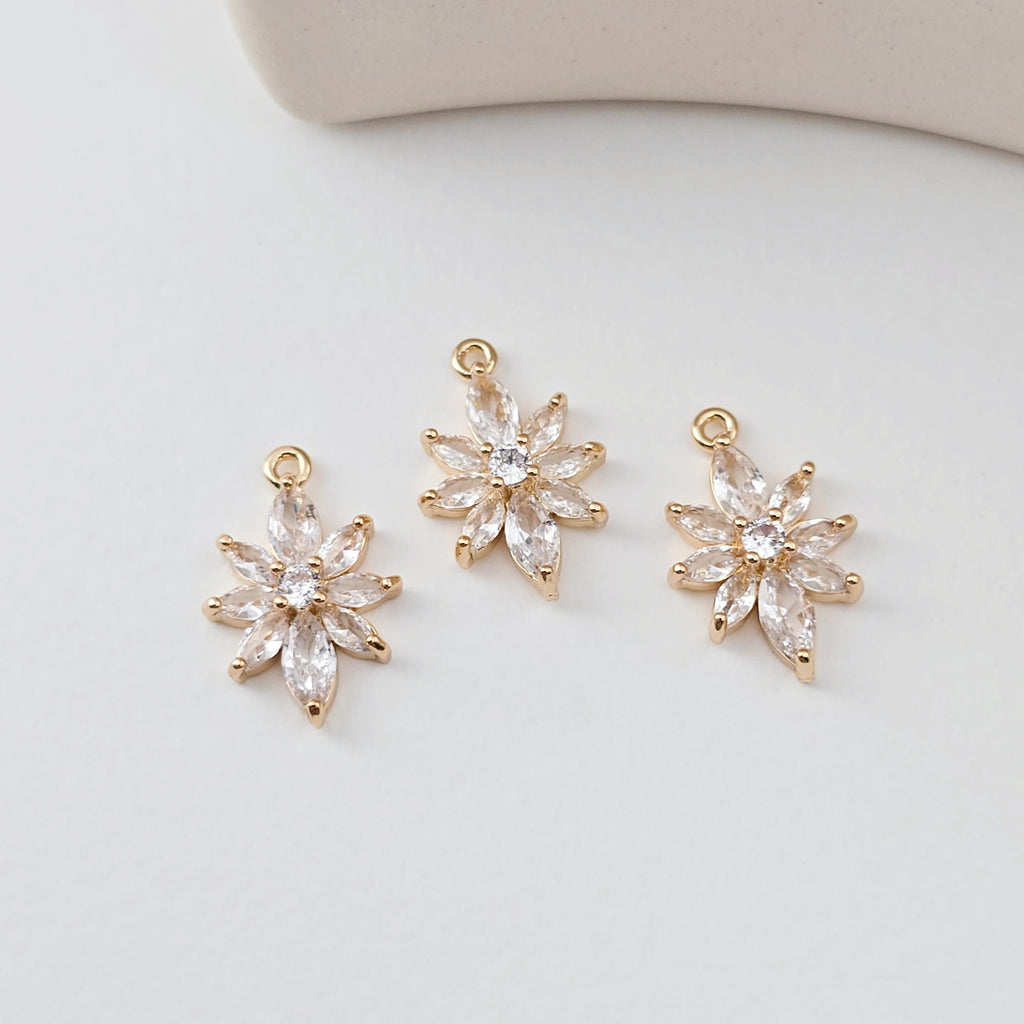 Flower Charm, Cubic Zircon Crystal Flower Pendant, CZ Earring Charms,  Real Gold Plated Brass Earring Charms, Jewelry Findings D0297