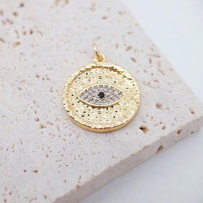 Evil Eye Hammered Round Charms, Clear Cubic Pave Pendant, 18K Gold Plated Evil Eye Charms, Necklace charms, Jewelry Findings S733