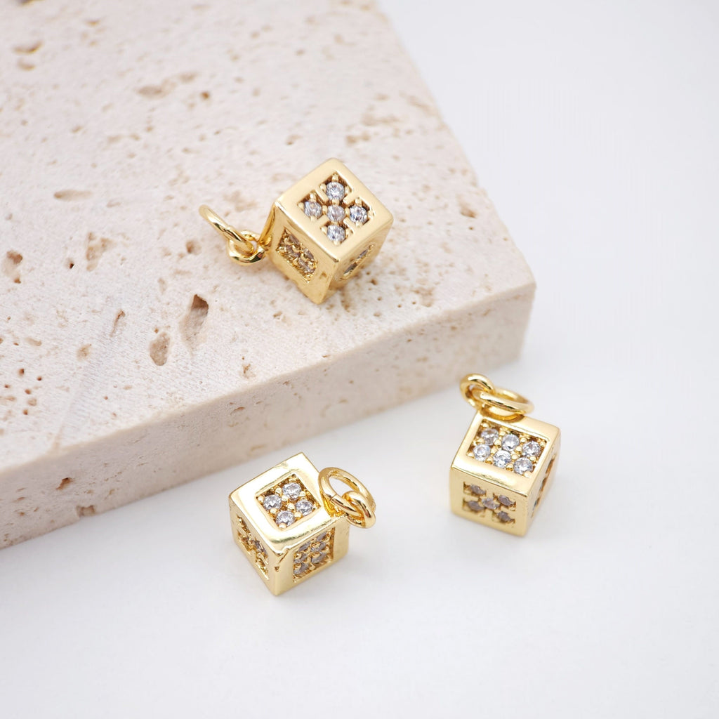 10pcs- 7x7mm Cube Charm, 18K Gold Plated Micro CZ Pave Pendant, Necklace Bracelet Earring Making Charm, Jewelry Making Supply S837