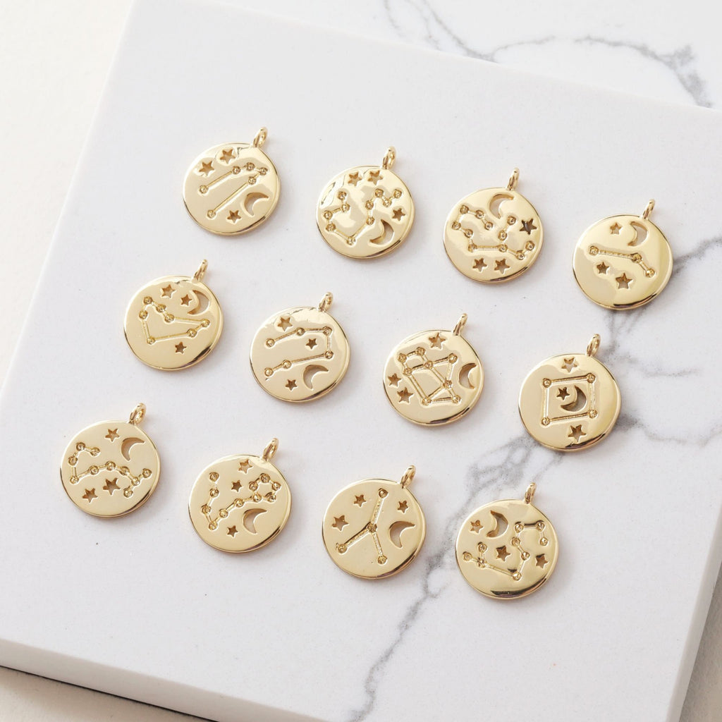 Zodiac Charms, Round Constellation Pendant, 14K Gold Plated Zodiac Sign, Necklace Making Charms, Birthday Gift Jewelry Findings JG048