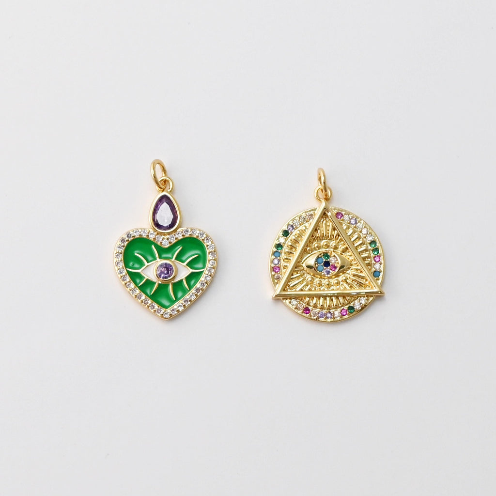 Enamel Heart Evil Eye Charm, Rainbow CZ Pave, Round Eye Pendant, 18K Gold Plated, Necklace Making Charm, Jewelry Findings