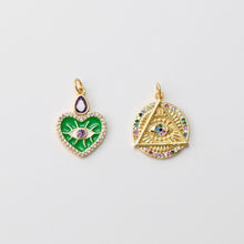 Load image into Gallery viewer, Enamel Heart Evil Eye Charm, Rainbow CZ Pave, Round Eye Pendant, 18K Gold Plated, Necklace Making Charm, Jewelry Findings