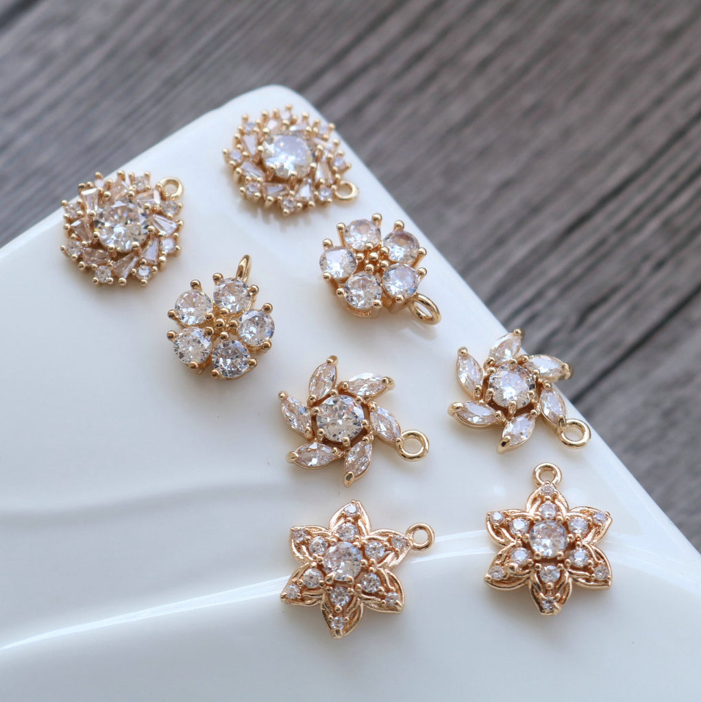 CZ Flower Charm, Cubic Zircon Crystal Flower Pendant, CZ Earring Charms, Gold Plated Brass Earring Charms, Jewelry Findings HL006-F202