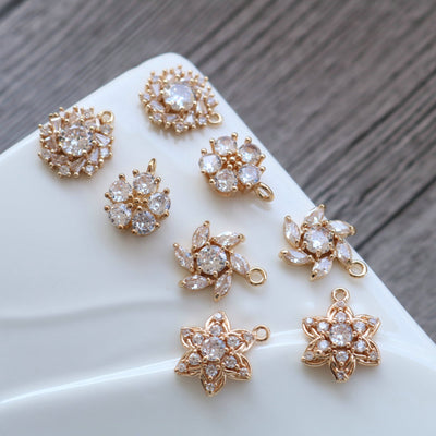 CZ Flower Charm, Cubic Zircon Crystal Flower Pendant, CZ Earring Charms, Gold Plated Brass Earring Charms, Jewelry Findings HL006-F202