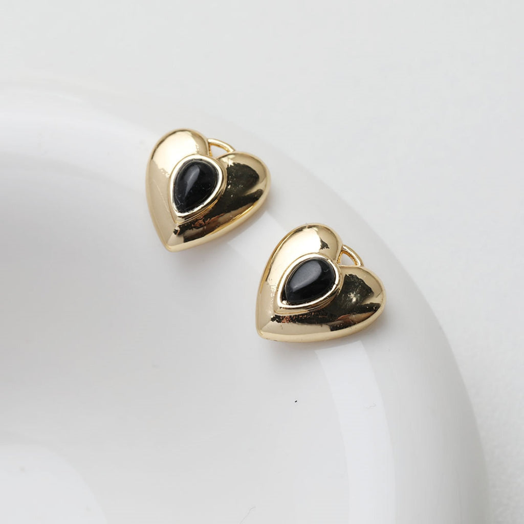 Heart Charms, Pave Black Stone, 14K Gold Plated, Love Pendant, Necklace Making Pendants, Jewelry Findings GT031