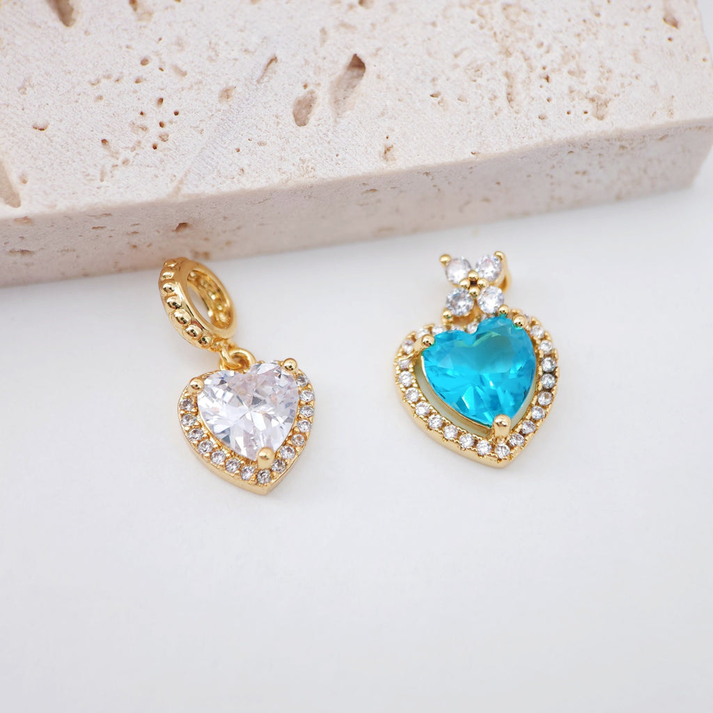 Heart Charms, Marine Blue CZ Pave, Crystal Heart, 18K Gold Plated Pendant, Bracelet Necklace Making Pendants, Jewelry Findings S20356