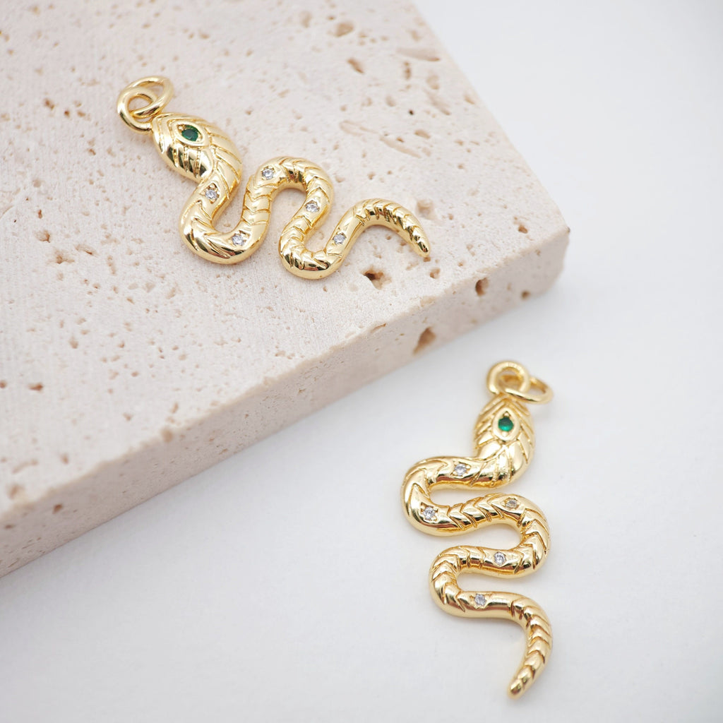 Snake Charm, 18K Gold Plated Snake Pendant for Necklace Making, 30x12mm, Micro CZ Pave Charm, Jewelry Finding S928