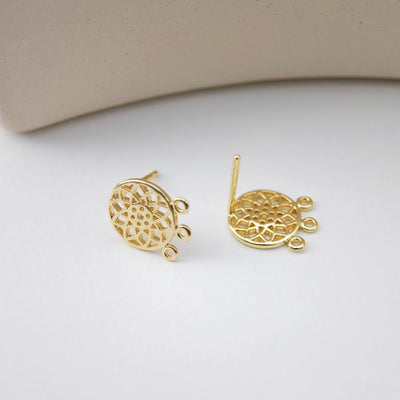 18K Round Flower Stud Earrings with 3 Loops, Round Stud Earring Nickel Free, 12.2mm, Hypoallergenic Earring Findings D0200