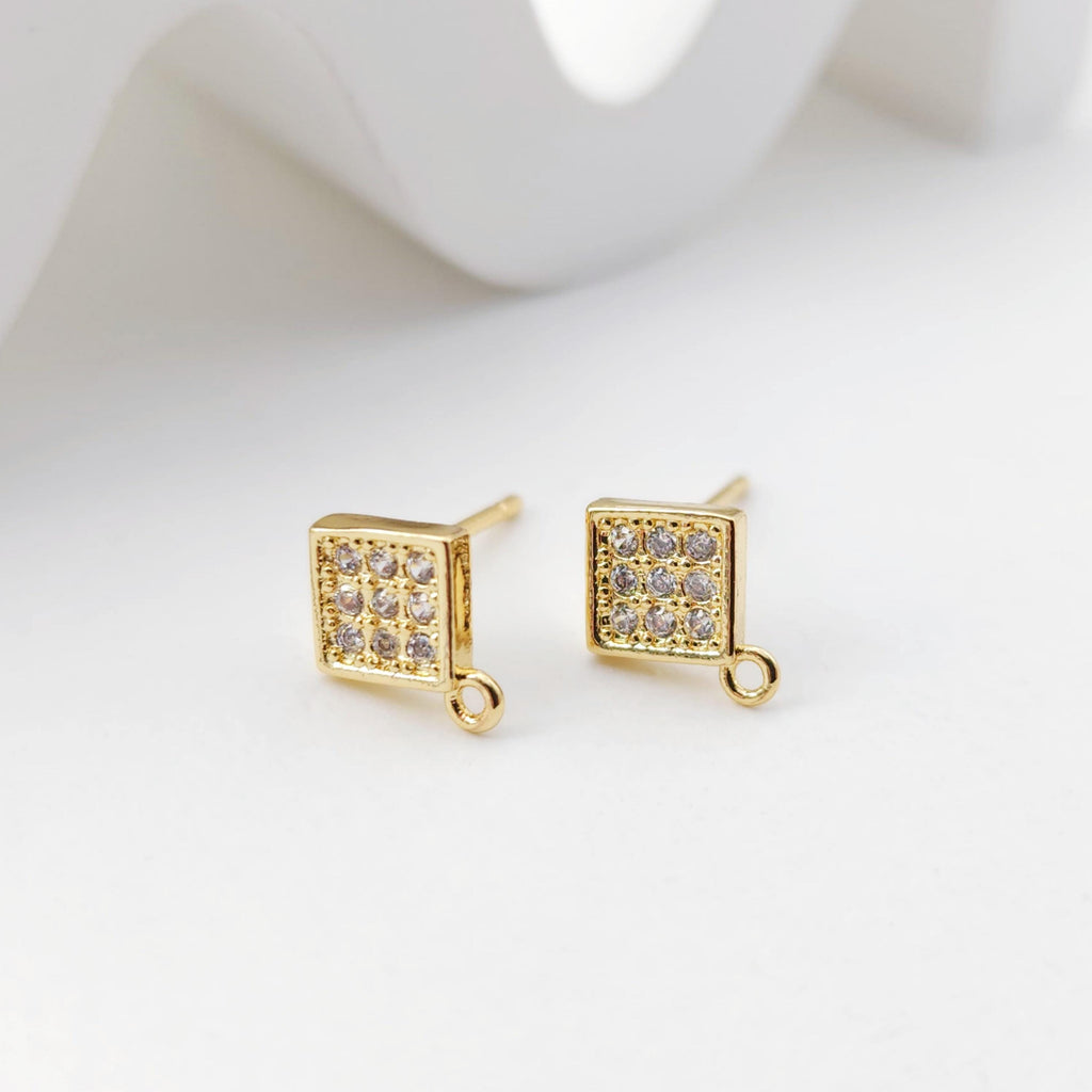 Square Post with Loop, Pave CZ, 18K Gold, S925 Silver Pin Nickel Free Earrings, Hypoallergenic Earring Findings D0221