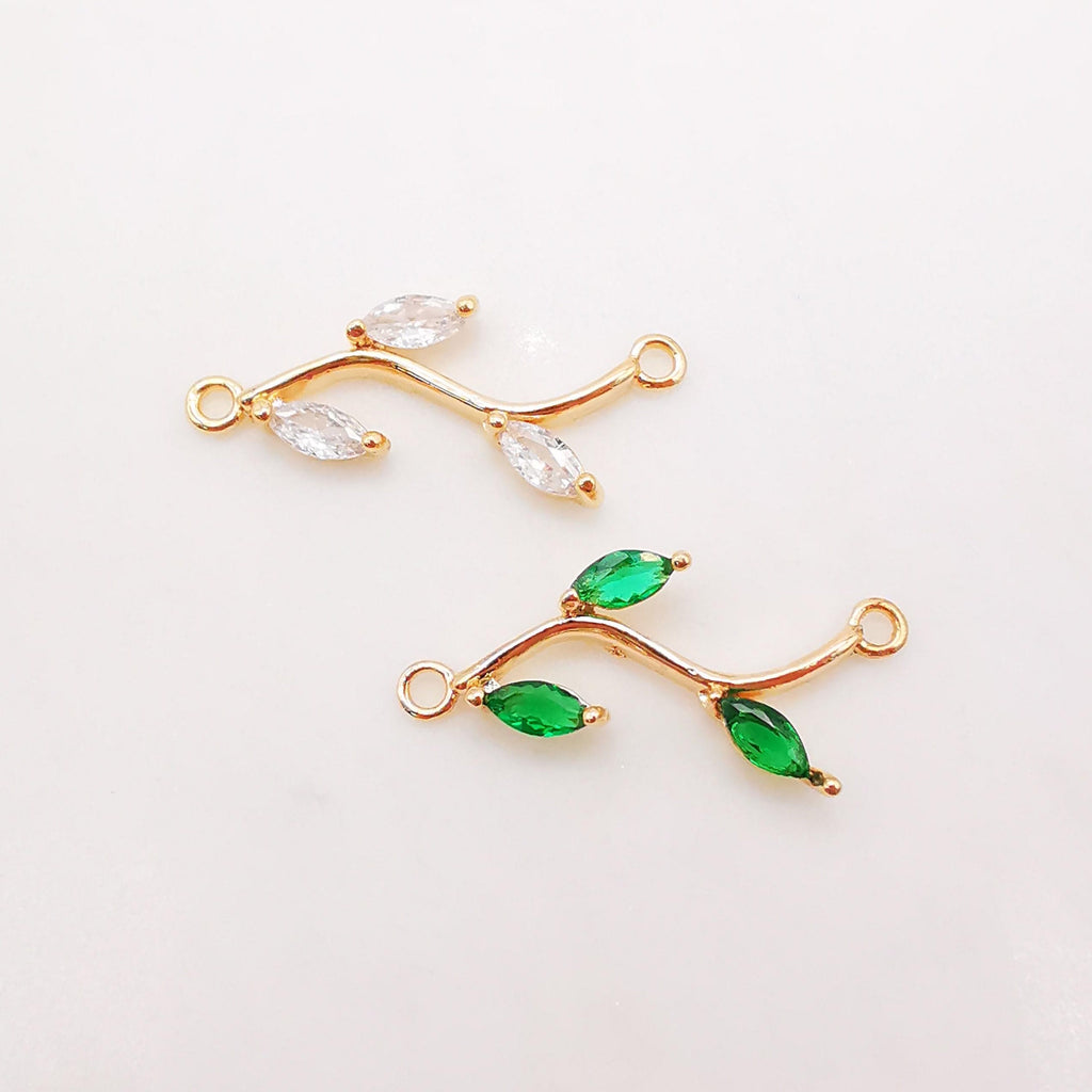 CZ Pave Leaf Connector, Cubic Zircon Crystal Leaf Pendant, Bracelet Necklace Pendant, 14K Gold Plated Charm, Jewelry Findings B027-ZX7034