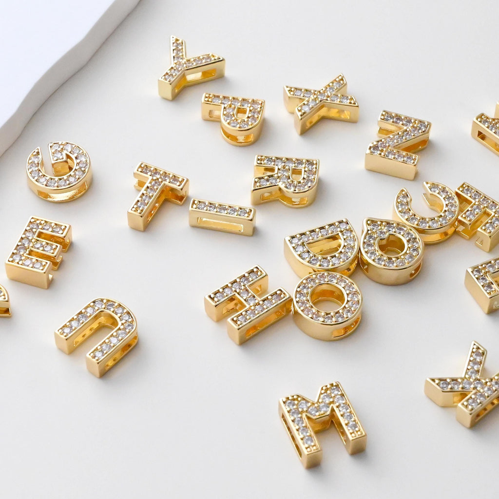 18K Gold Alphabet Letter Beads, CZ Initial Beads, Letter Charms, Double-sided hollowing, Letter Inital beads, For Necklace Bracelet  S1396