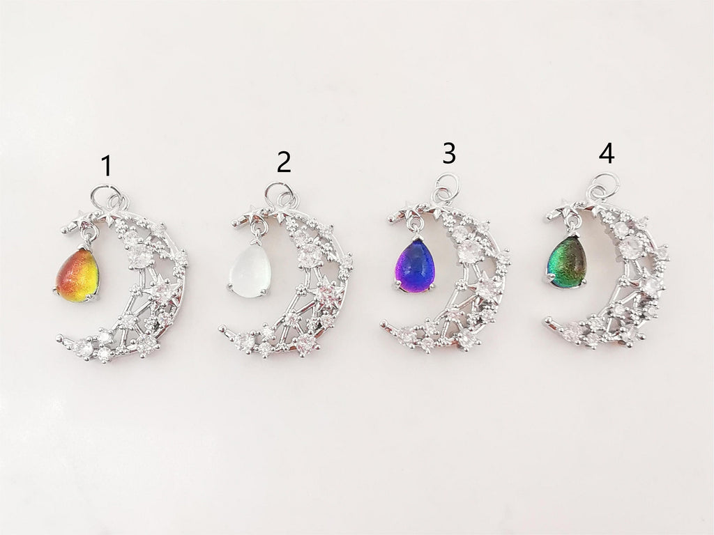 Dainty Crescent Moon Charm, CZ Pave Moon Pendant, Drop Crystal Multi Color, 18K Gold Plated, Necklace Pendant Findings S20276