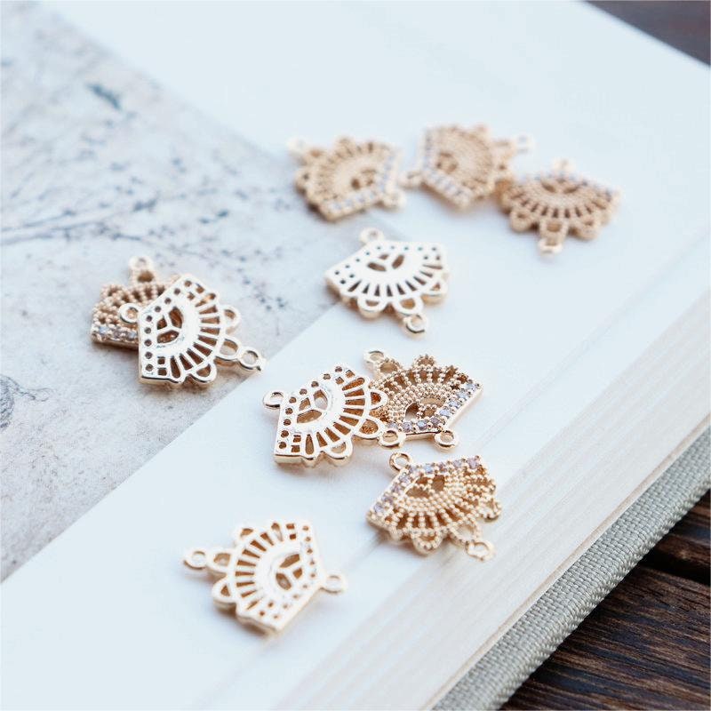 CZ Pave Fan Shape Charm, Cubic Zircon Fan Connector, CZ Earring Charms,Real Gold Plated Brass Earring Charms, Jewelry Findings JY029-F017