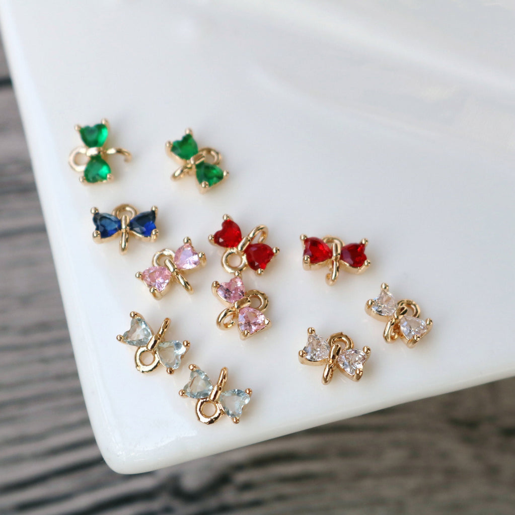10pcs Tiny Bow Connector, 14k Gold CZ Pave Pendant, Bracelet Necklace Pendant, Real Gold Plated, Jewelry Findings HL105-F103
