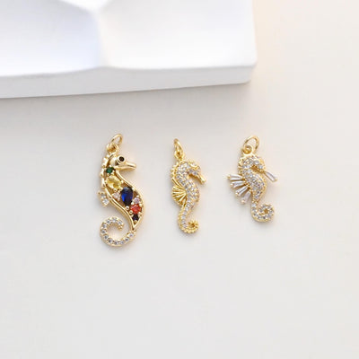 Seahorse Charms, 18K Gold Plated Cubic Micro CZ Pave Charms, Seahorse Pendant for Necklace Jewelry Findings S20739