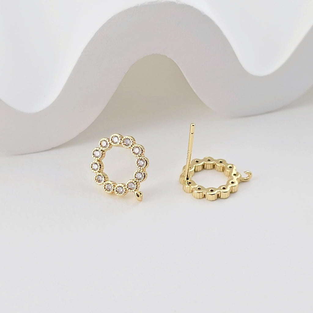 Circle Ear Post with Loops, S925 Silver Ear Pin Nickel Free, Micro CZ Pave, 13.6*11.3mm, 18K Gold Plated Stud Earring Finding D0275